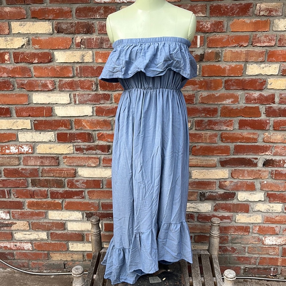 NWT L&B Chambray ruffle overlay maxi dress size small